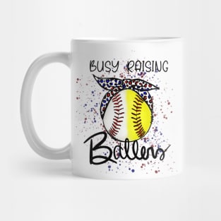 Busy Raising Ballers, baseball, softball mom, red white blue cheetah bow design Mug